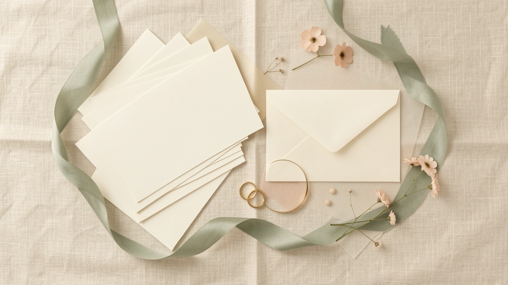 A calm flat lay of blank planning cards, an envelope, sage ribbon, pressed flowers and gold rings on ivory linen