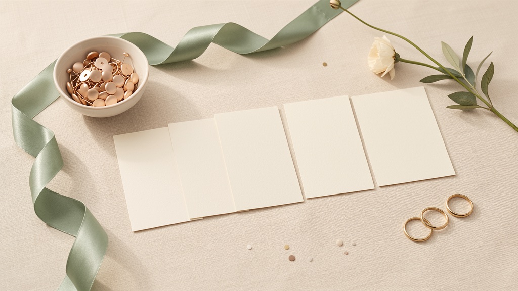 Blank cream planning cards laid in a row beside sage ribbon, a bowl of pins, a flower stem and gold rings