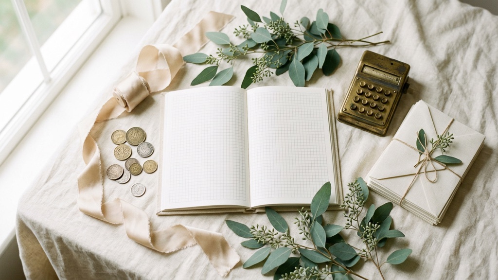 A flat lay of a blank ledger, a brass calculator, cream envelopes, coins and sage greenery on ivory linen