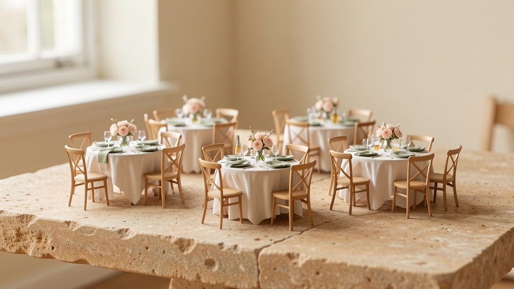A miniature model of a wedding reception floor plan with tiny tables and chairs