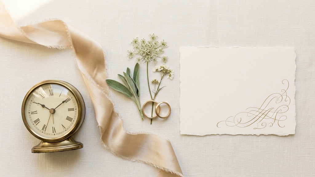 A flat lay with an antique brass clock, champagne ribbon, wedding rings and a calligraphy card on ivory linen