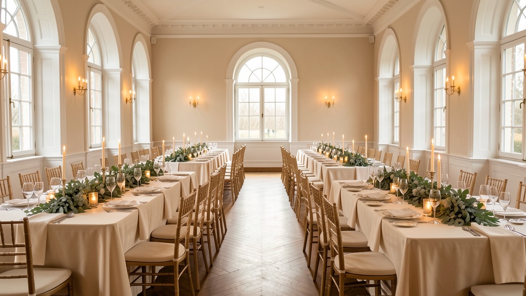 An empty elegant reception room with long ivory-linen tables, gold chairs, candles and greenery in warm window light