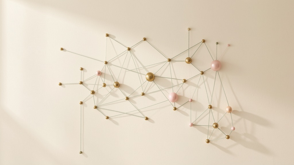 A minimal wall composition of brass and blush pins connected by fine sage thread into clustered relationship shapes