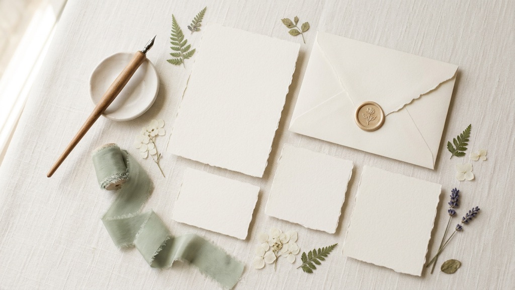 A flat lay of blank cream invitation cards, a wax-sealed envelope, a calligraphy pen and sage ribbon on ivory linen