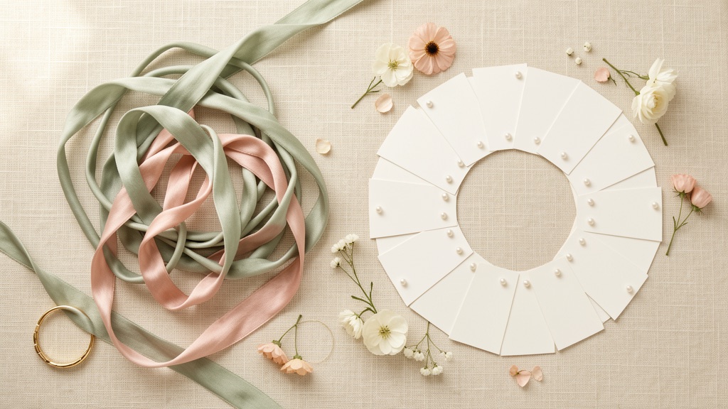 Tangled sage and blush ribbon beside a neat circular arrangement of blank place cards and pearl markers
