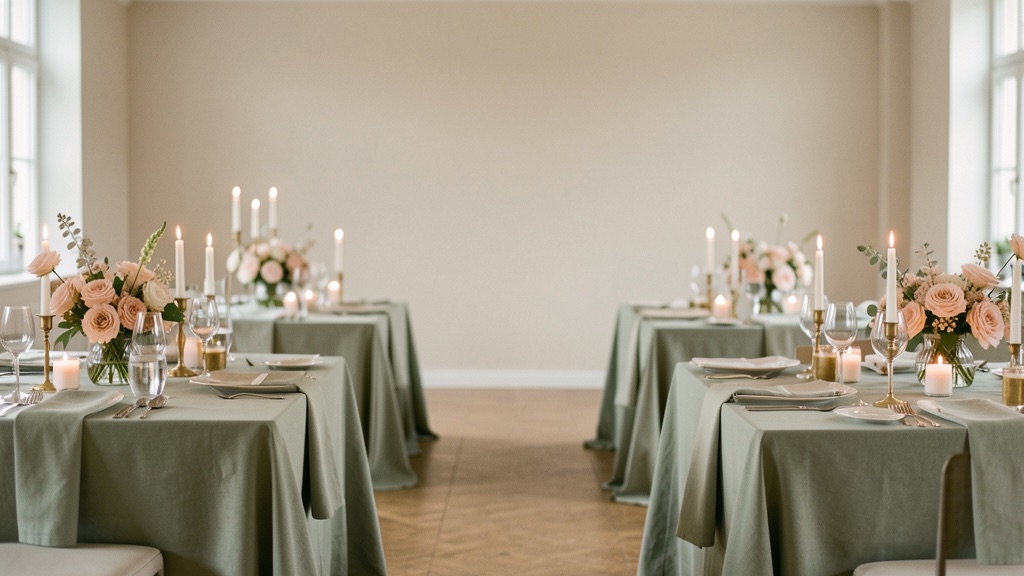 Calm wedding reception tables dressed in sage linen with candles and soft flowers