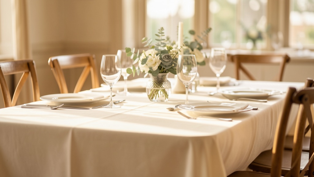 A set reception table with glassware, plates, wooden chairs and soft florals in warm window light