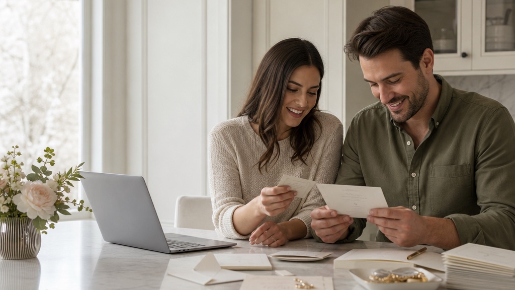 A couple reviewing wedding RSVP cards and planning notes at a kitchen table