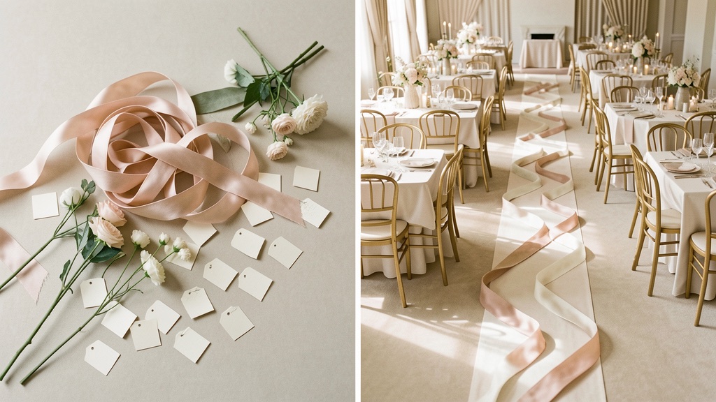 Handwritten wedding place cards laid out with silk ribbon beside neatly set reception tables