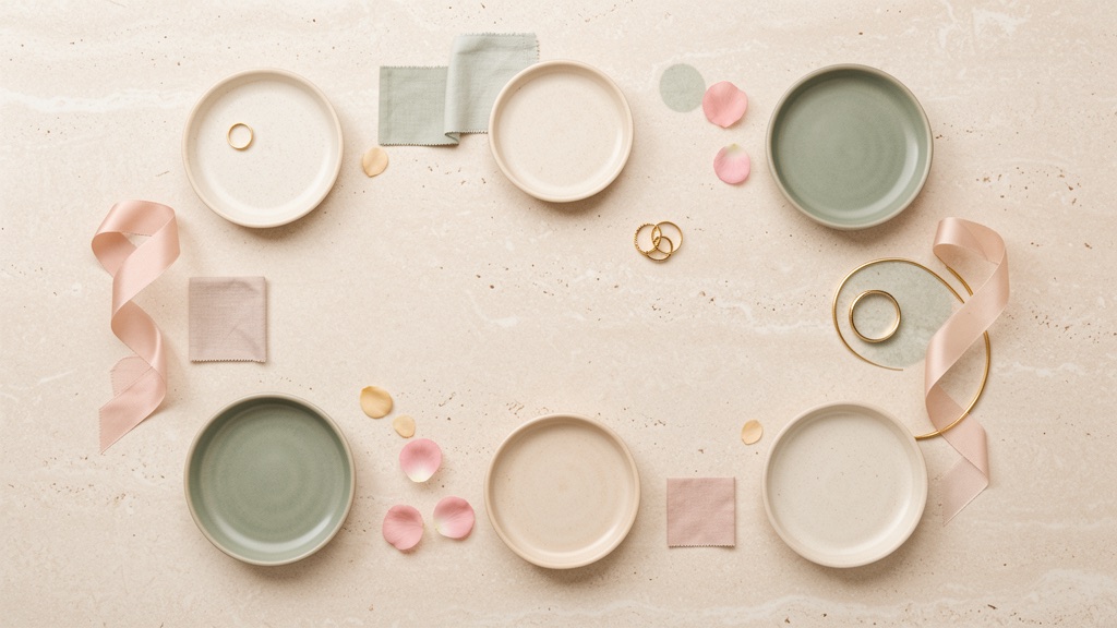 Plates, fabric swatches, ribbon and rings arranged in a circle like a wedding table plan