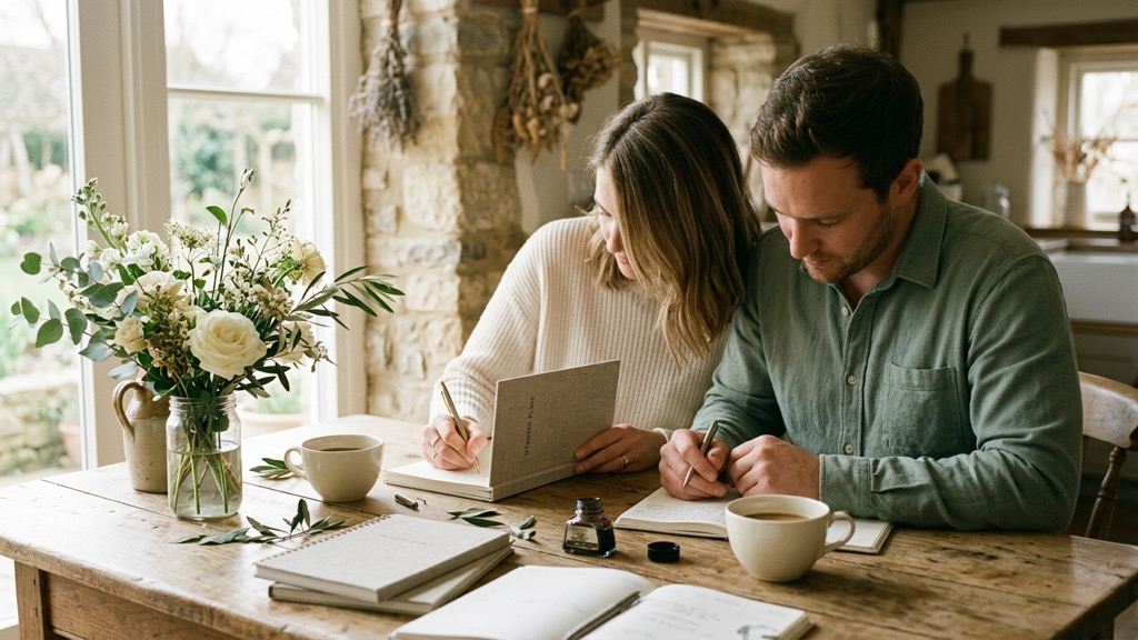 A couple at a sunlit farmhouse table planning their wedding together over coffee and notebooks