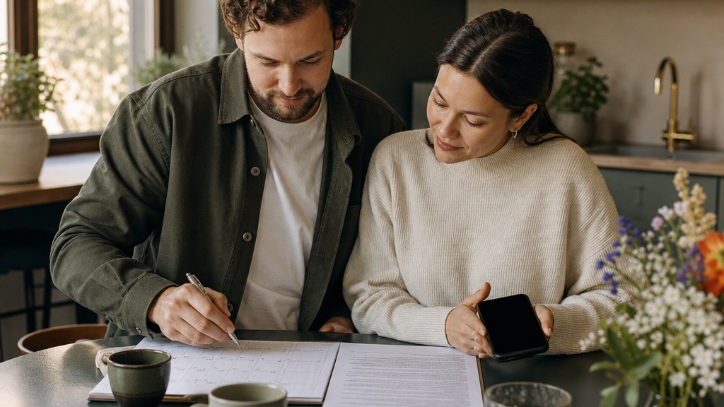 A couple reviewing their wedding venue contract and calendar together at a green kitchen table