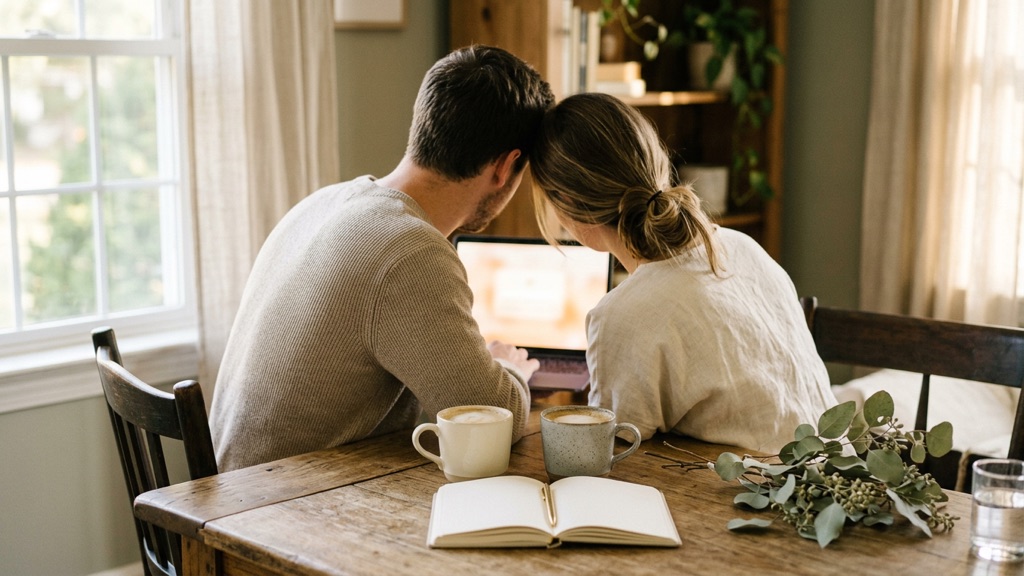 A couple at a farmhouse table looking at a laptop together in warm window light
