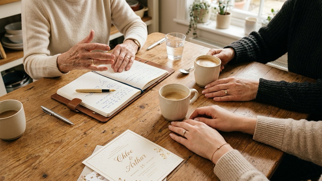 Three generations of hands around a kitchen table with coffee, a notebook and a wedding invitation