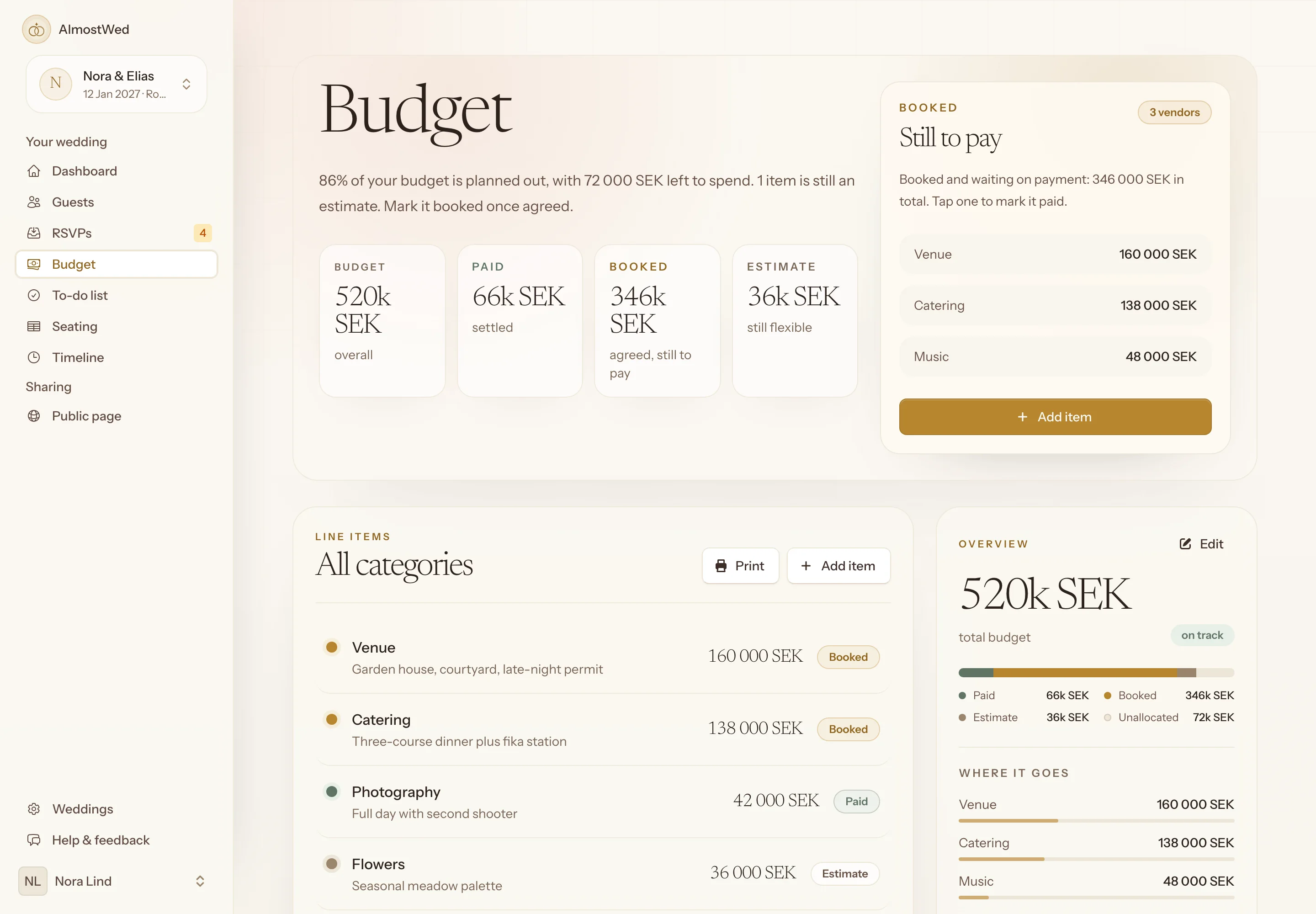 The budget page in AlmostWed showing a 520,000 SEK budget with 66,000 paid, 346,000 booked and a list of vendors still to pay.