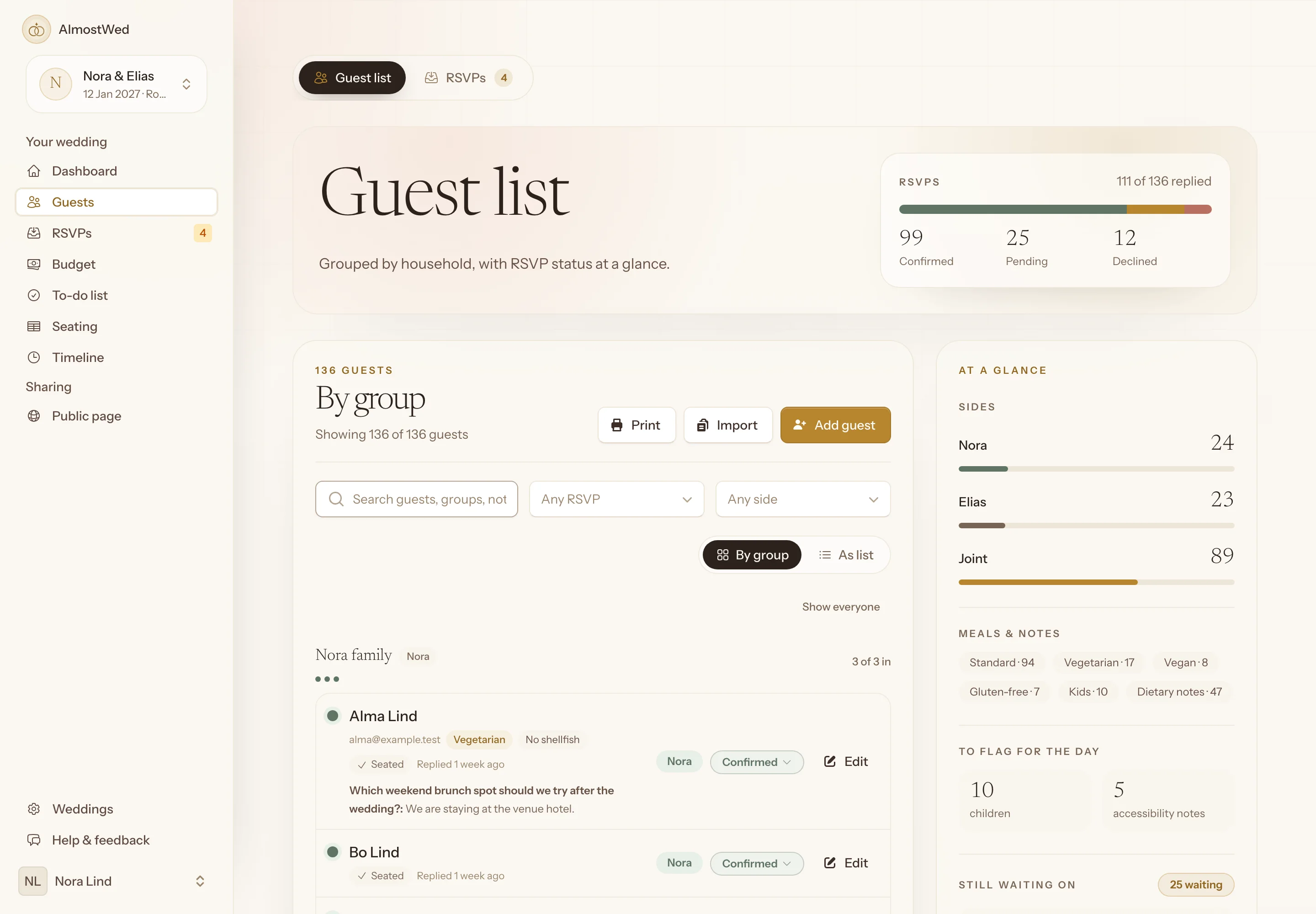 The guest list page of AlmostWed showing 136 guests grouped by household, an RSVP summary with 99 confirmed, and a side panel counting meals and dietary notes.