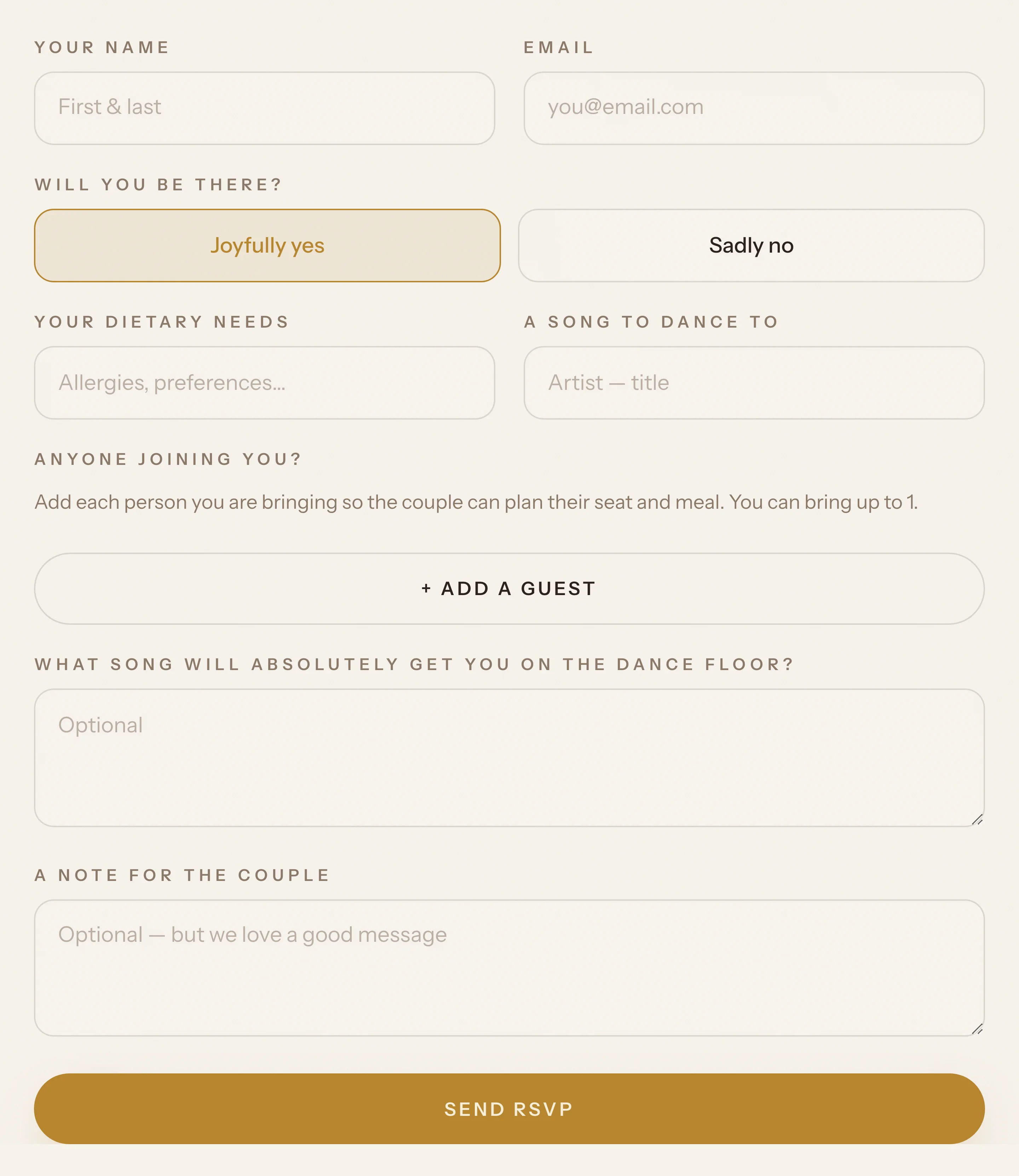 The RSVP form on a wedding website made with AlmostWed: name, email, a yes or no, dietary needs and a button to add a guest.