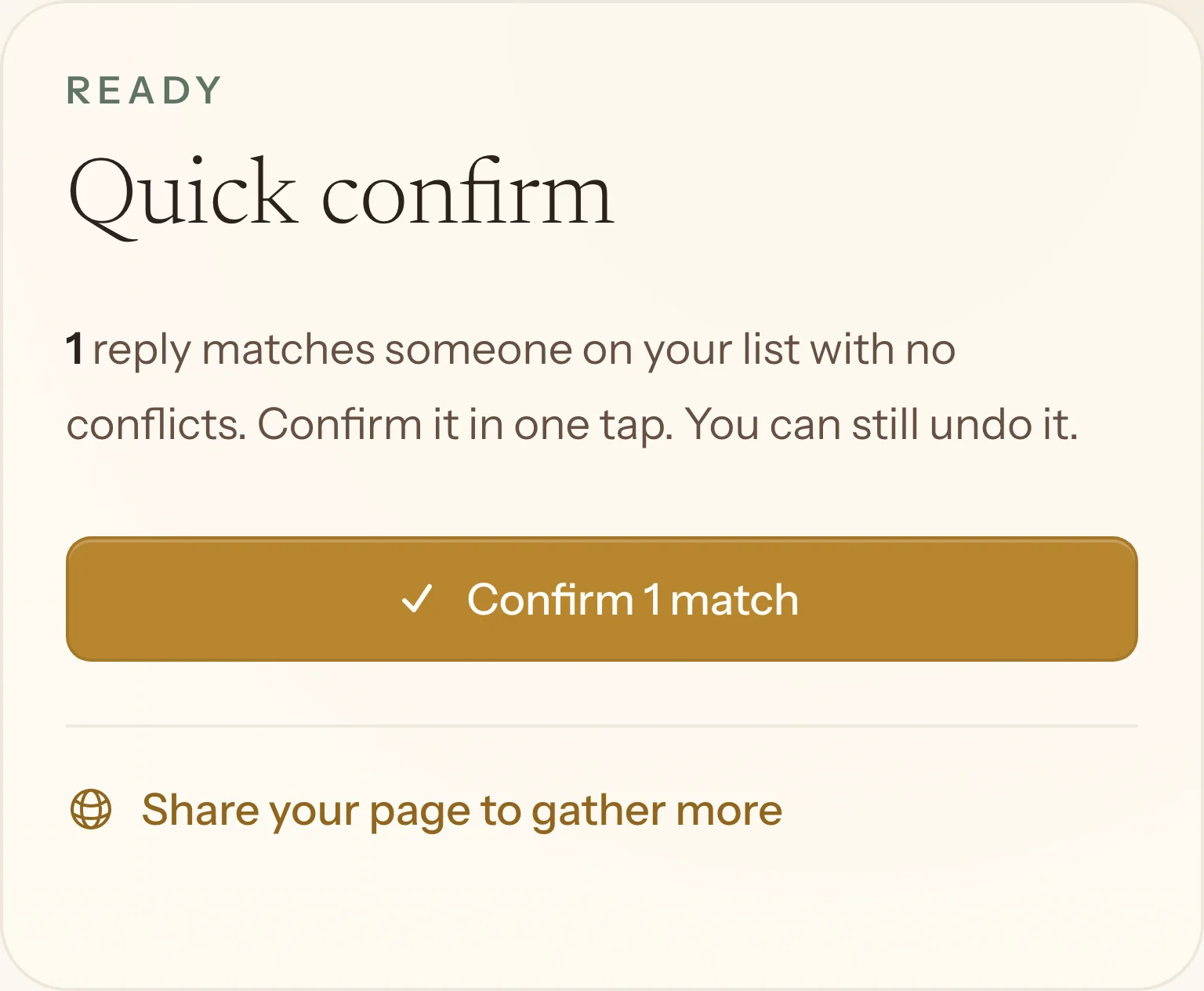 The quick confirm card in the AlmostWed RSVP inbox: one reply matches someone on the list with no conflicts, with a button to confirm it in one tap.