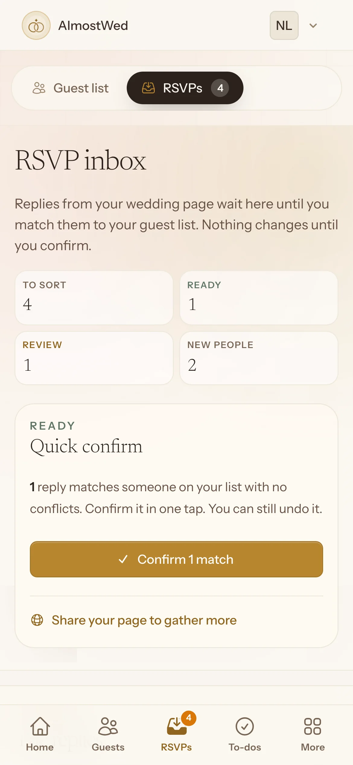 The AlmostWed RSVP inbox on a phone: four replies to sort and a quick confirm button for the one that matches the list.