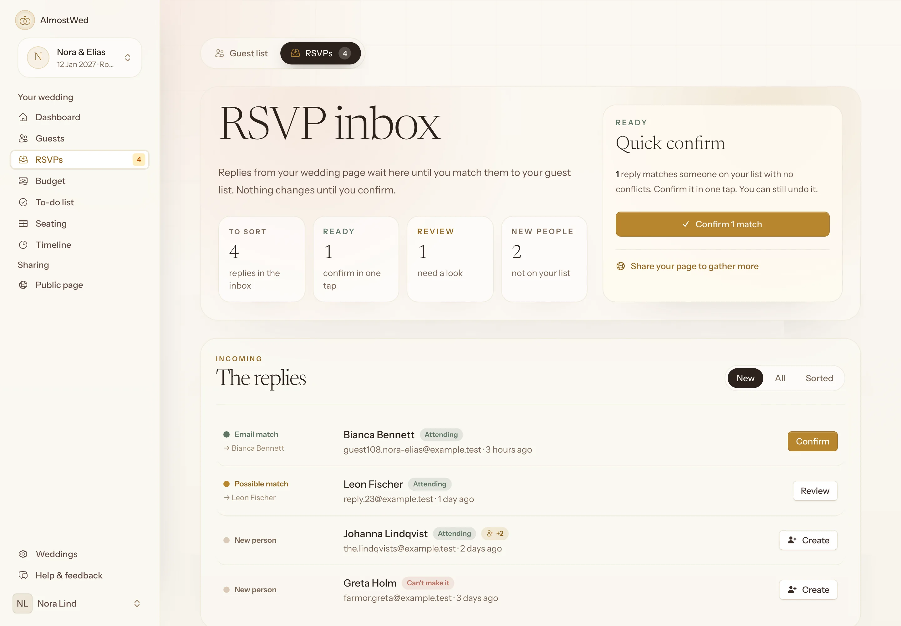 The RSVP inbox in AlmostWed with four new replies, one ready to confirm in one tap and two people who are not yet on the guest list.