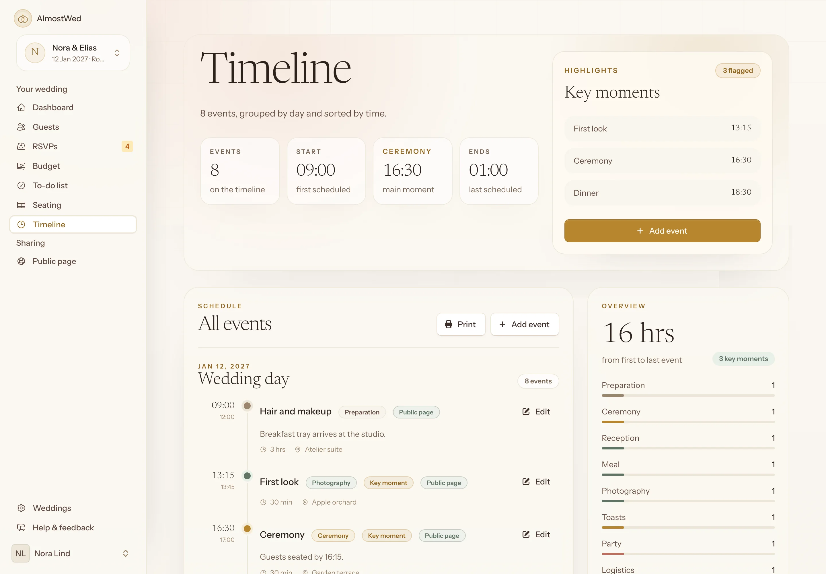 The timeline page in AlmostWed listing eight events on the wedding day from 09:00 to 01:00, with the ceremony and dinner flagged as key moments.