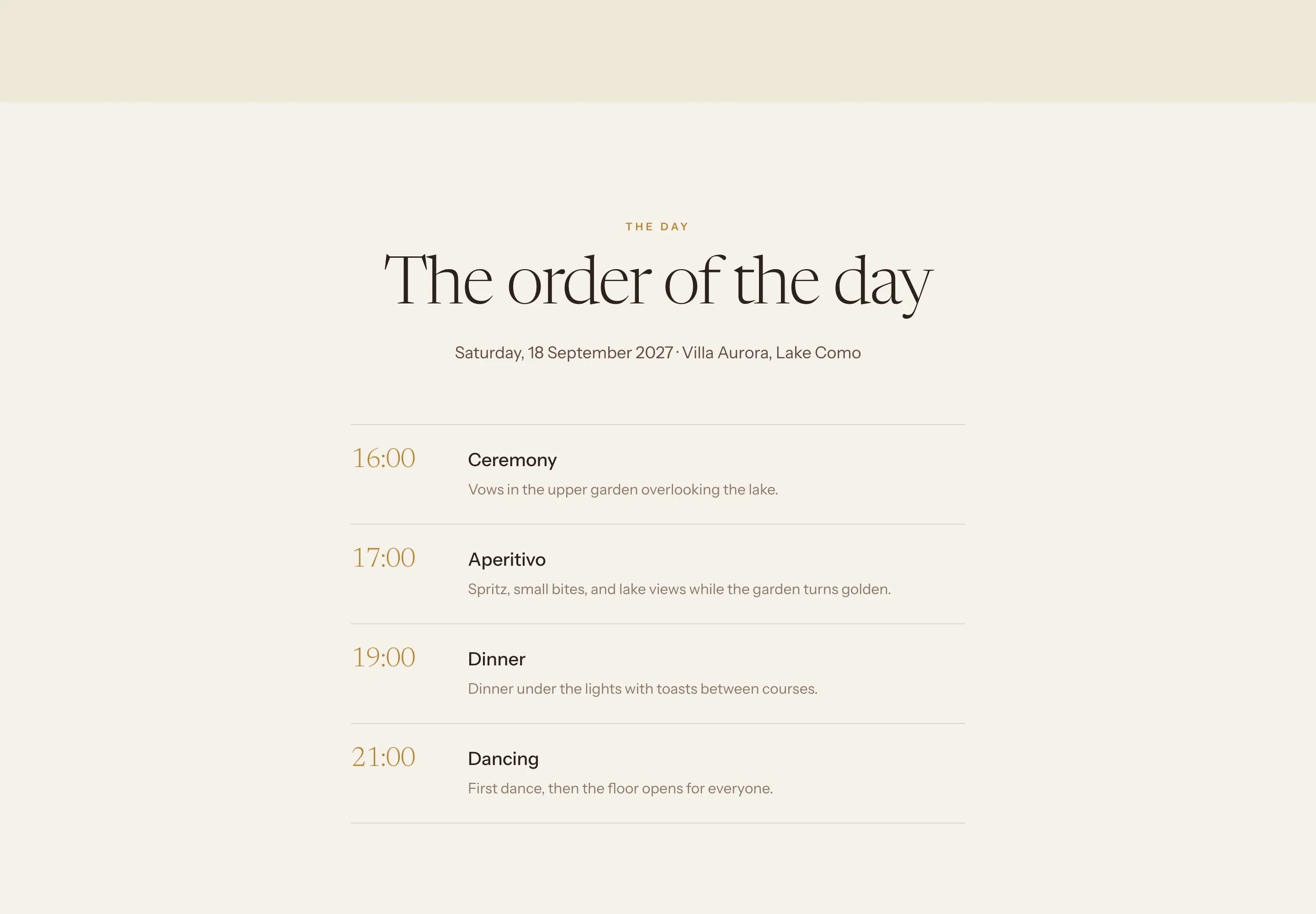 The order of the day on a wedding website made with AlmostWed: ceremony at 16:00, drinks at 17:00, dinner at 19:00 and dancing at 21:00, each with a short note.