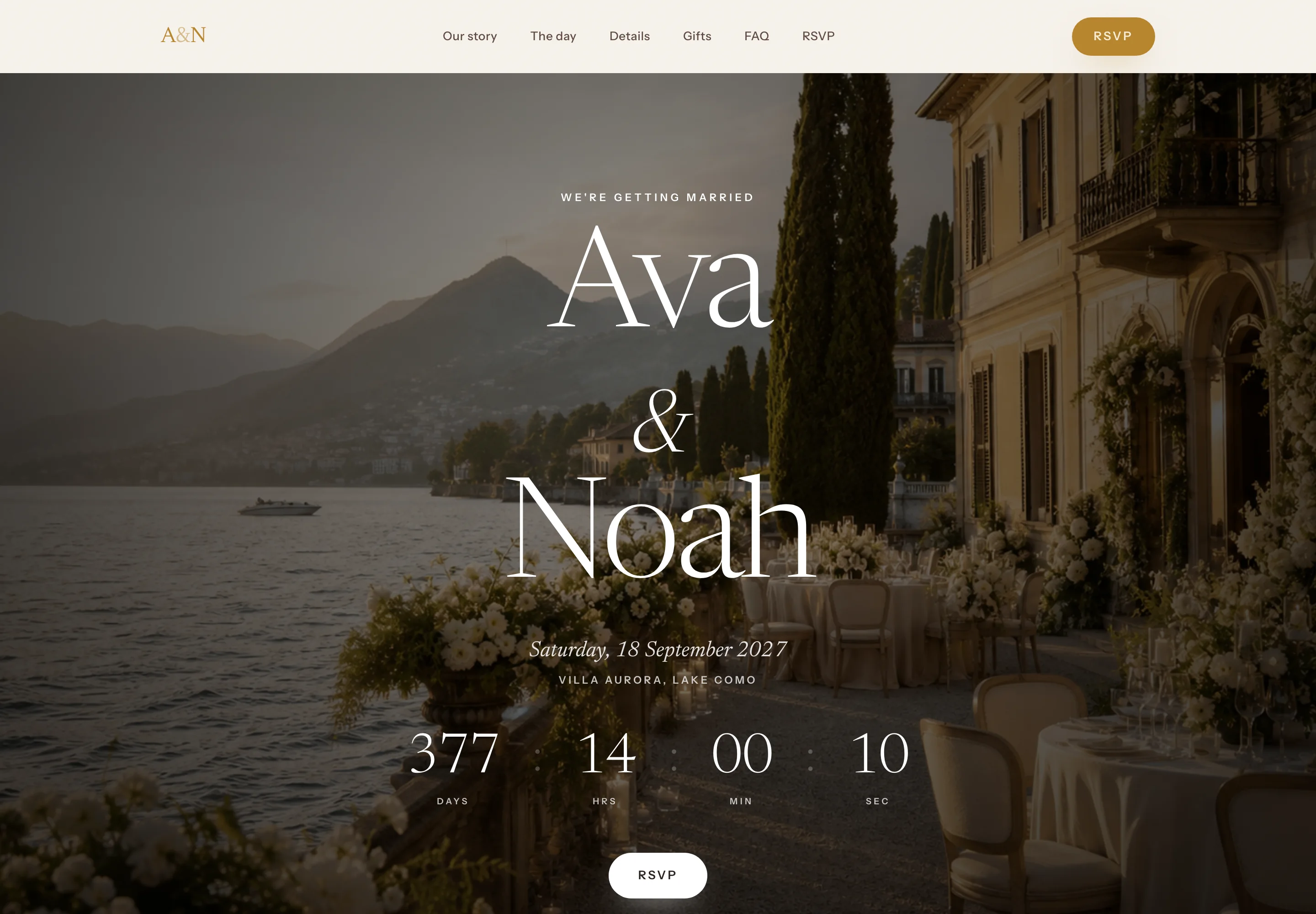 A wedding website made with AlmostWed for a make-believe couple, Ava and Noah, with the date, the venue and a countdown over a photo of a lakeside garden.